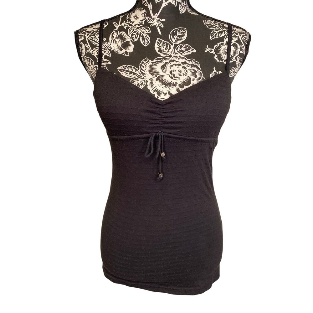 Energie Black Y2K Ruched Tank Top Built In Bra Padded Stretch Cami Polka Dot